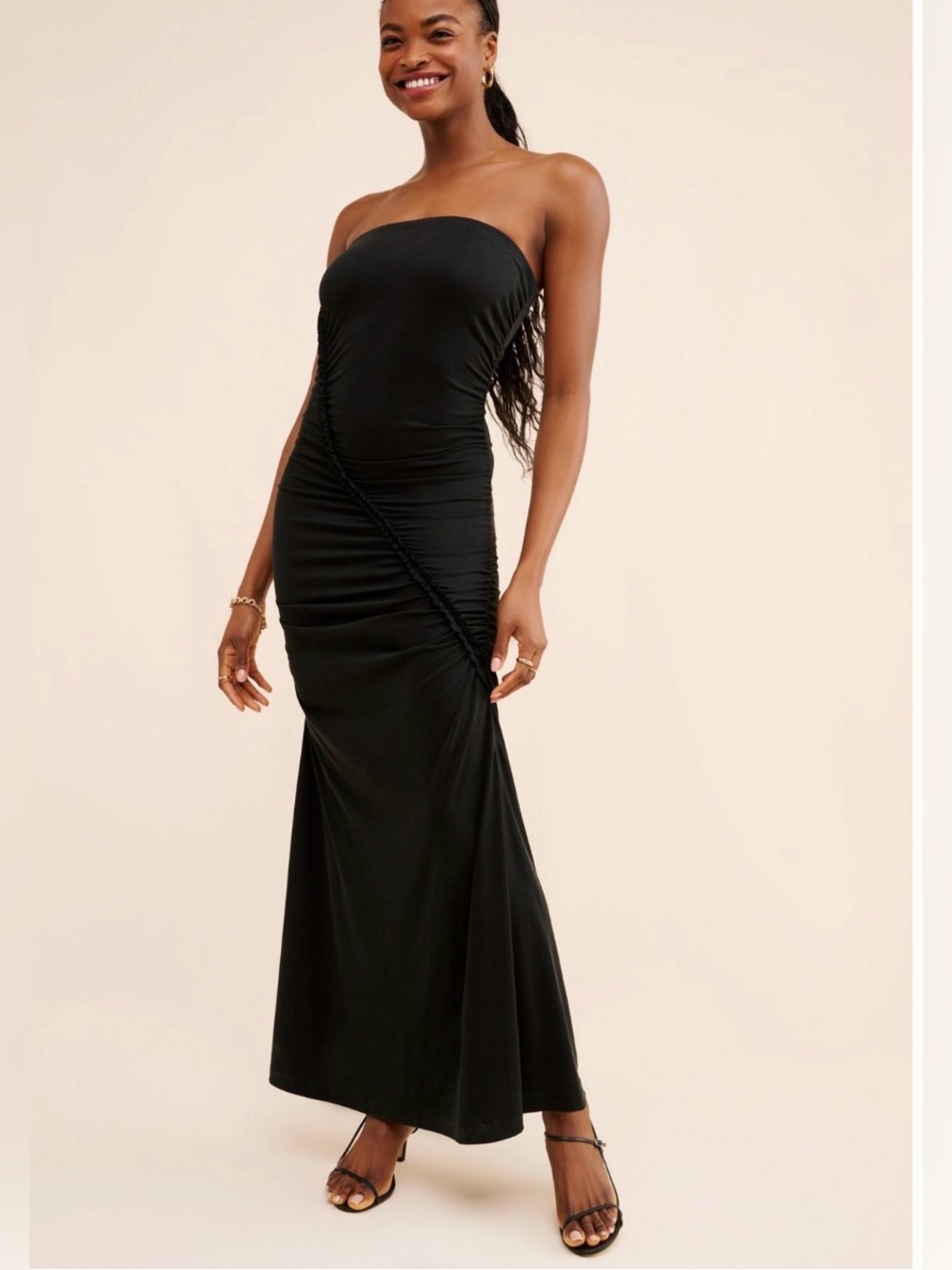 Anthropologie Sandwashed Strapless Ruched Black Maxi Dress